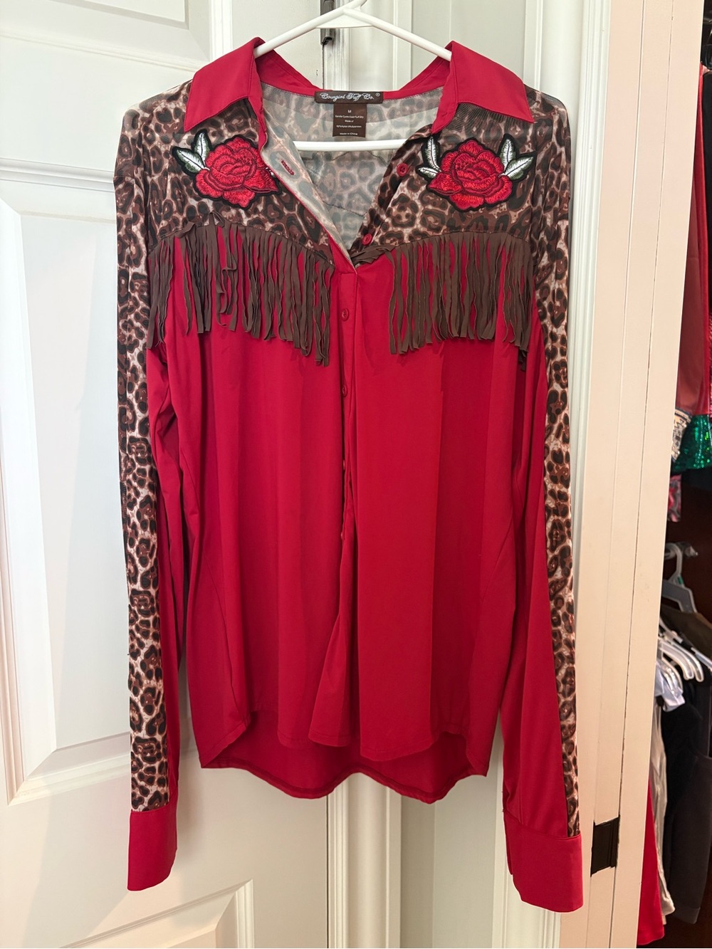 Cowgirl Tuff Red Button-Down Blouse with Leopard Trim & Fringe